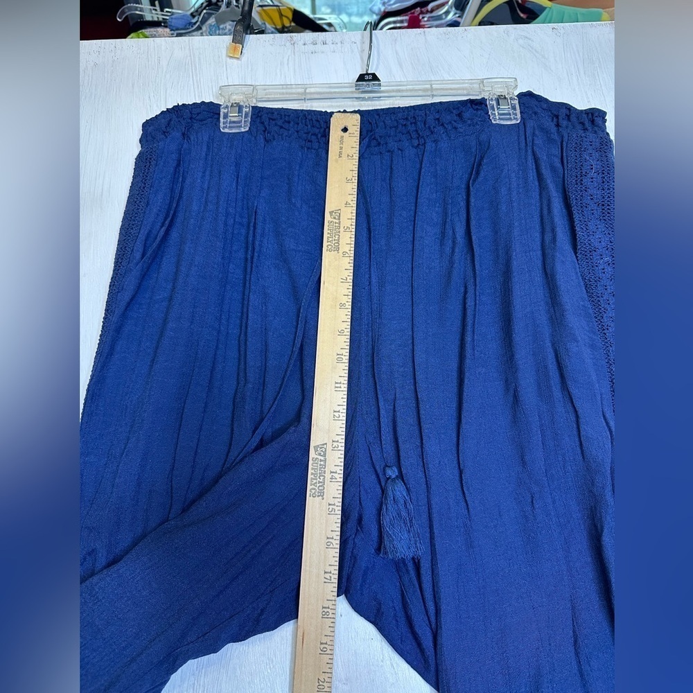 Studio JPR Navy Wide Leg Pants XL Smocked Waist Tassel Drawstring Boho Beach - Picture 5 of 11
